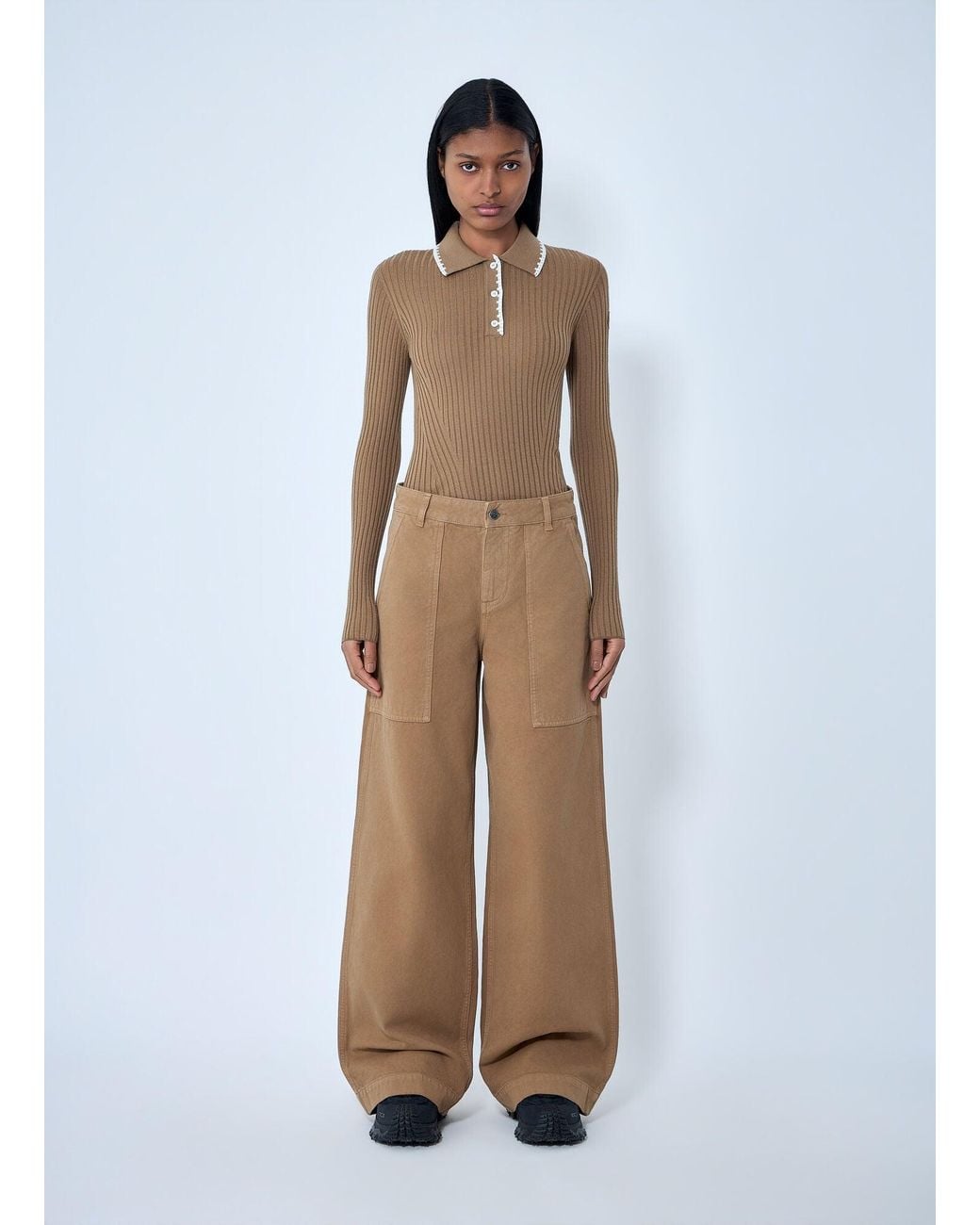 Moncler Natural Ribbed Knit Collared Top