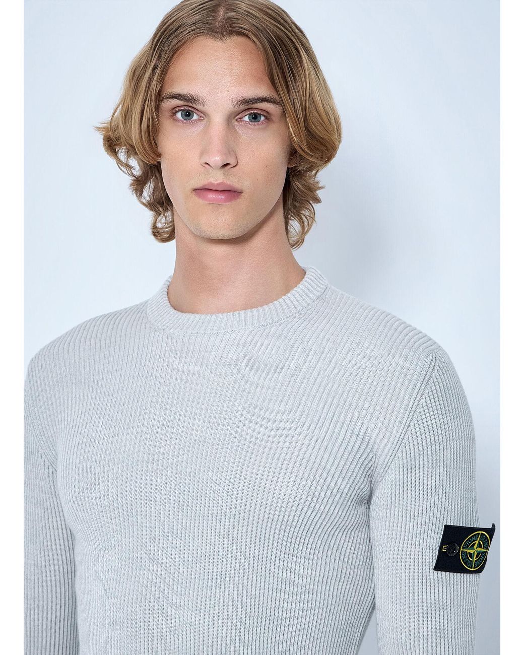 Stone Island White Ribbed Crewneck Sweater for men
