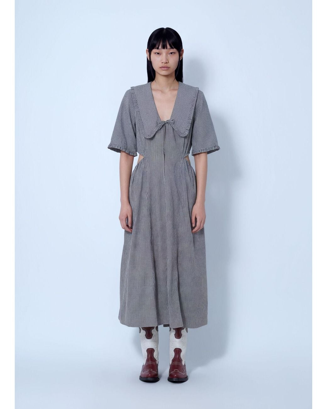 Ganni Blue Check Cotton Cut Out Midi Dress