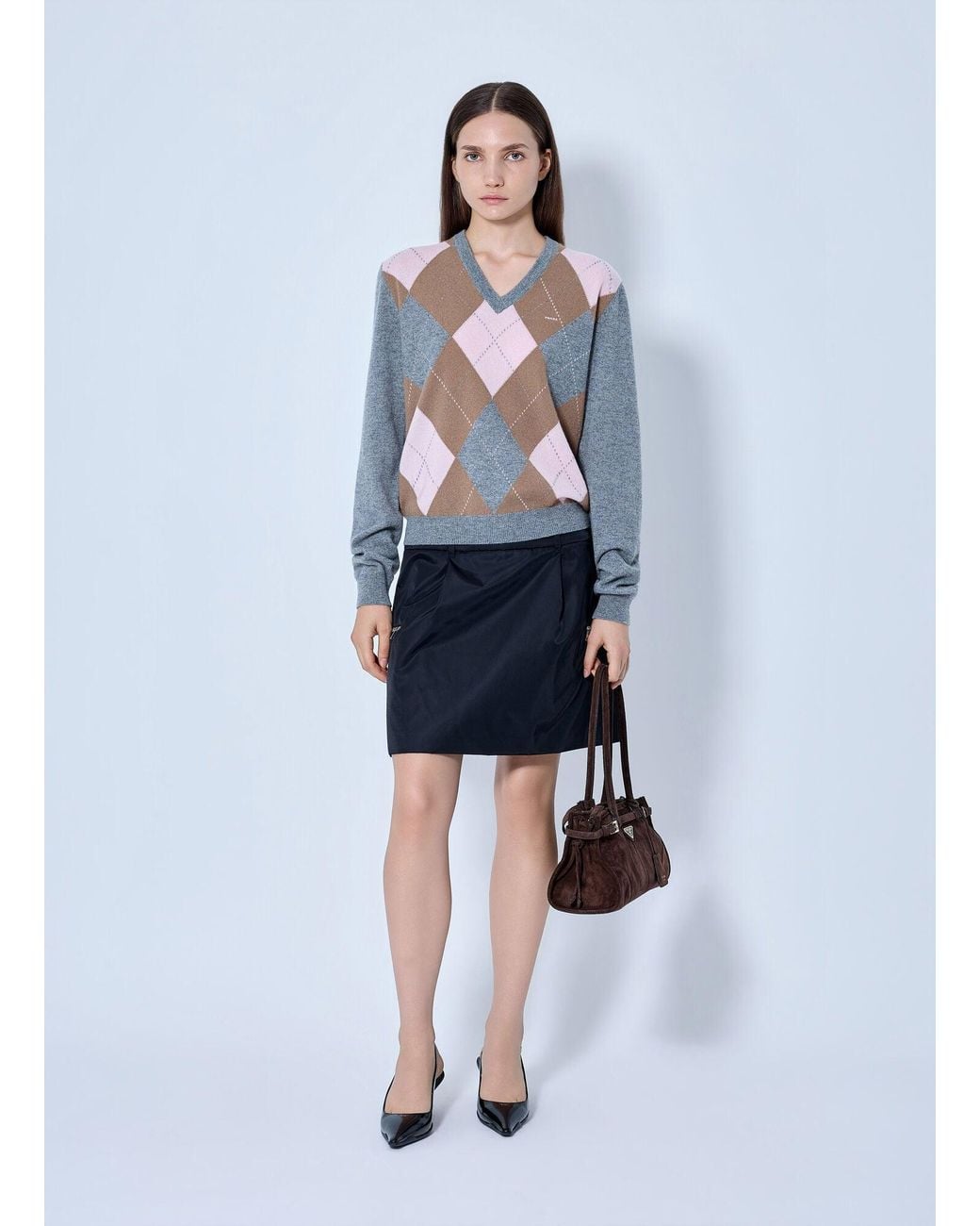 Prada Blue Argyle V-Neck Sweater