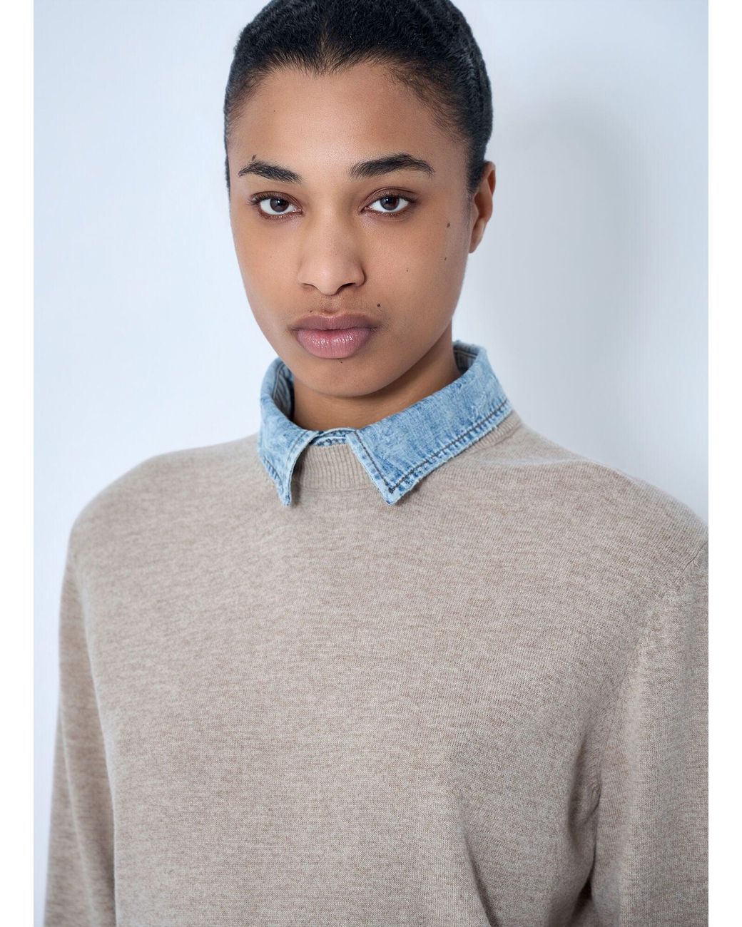 Acne Blue Layered Knit Sweater With Denim Shirt Detail