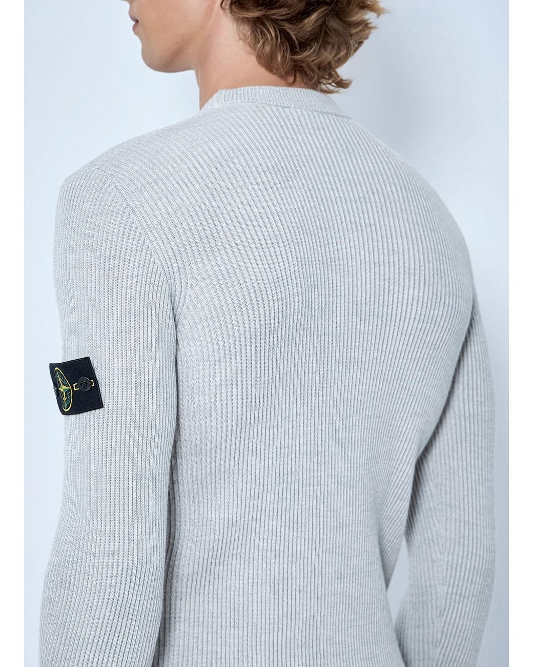 Stone Island White Ribbed Crewneck Sweater for men