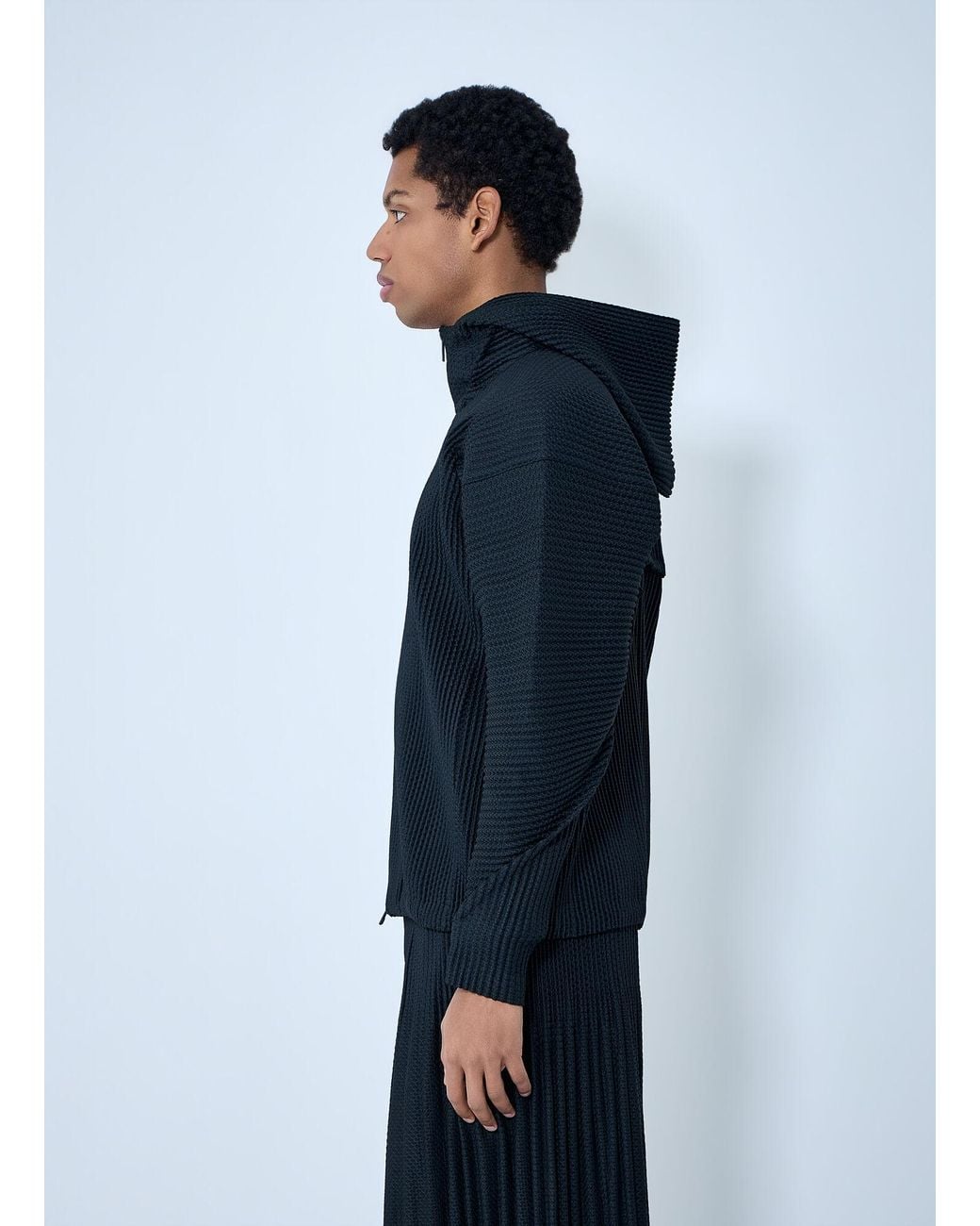 Homme Plissé Issey Miyake Blue Pleated Zip-Up Hooded Sweater for men