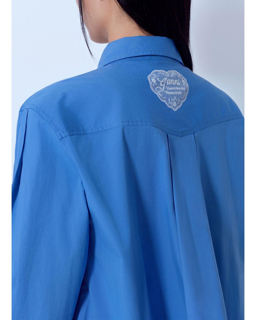 Ganni Blue Stretch Cotton Cropped Bowling Shirt