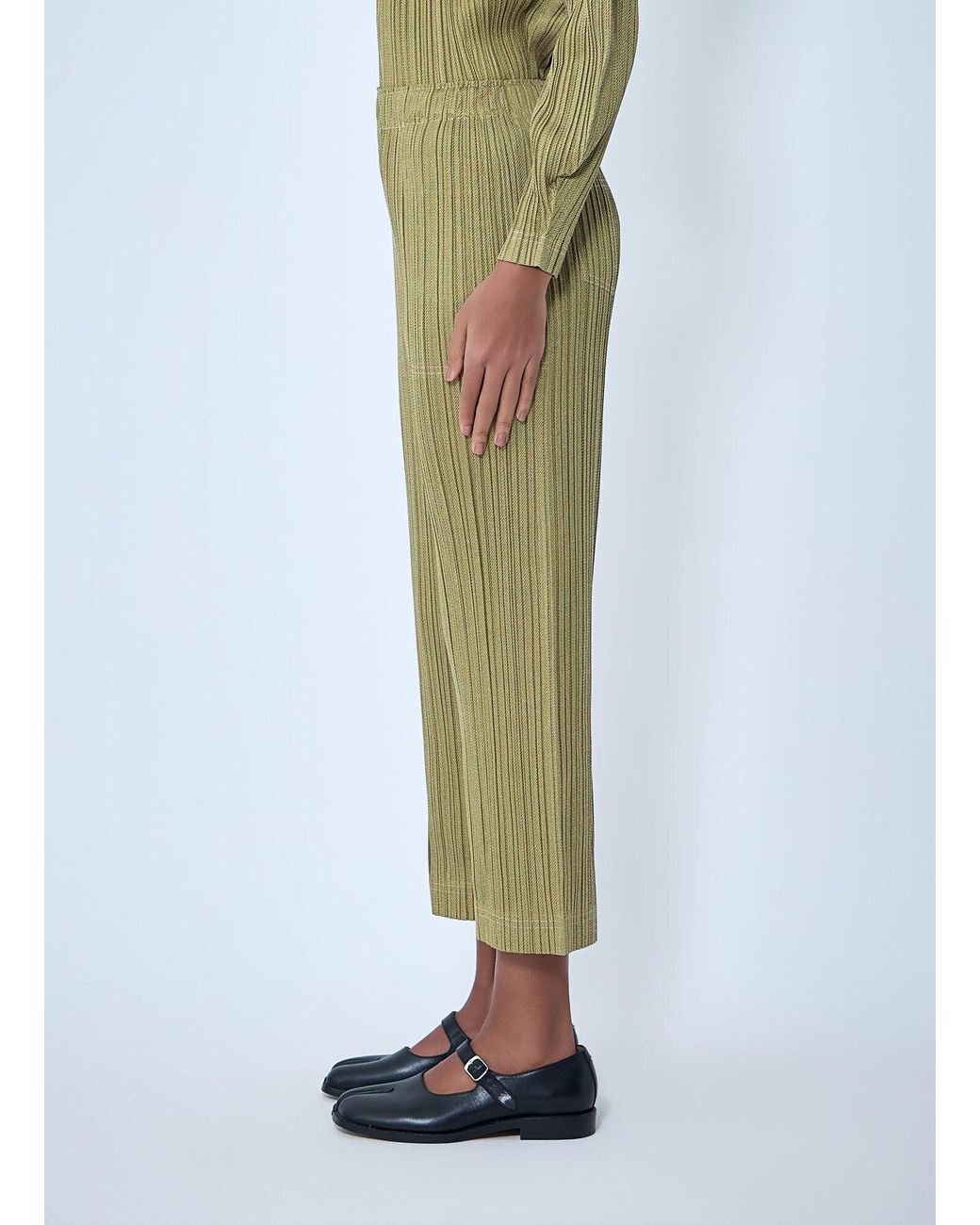 Pleats Please Issey Miyake Green Ribbed Knit Pants