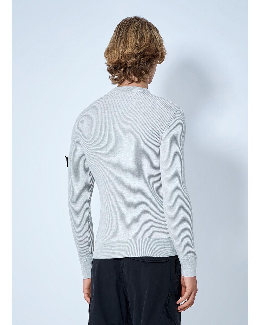 Stone Island White Ribbed Crewneck Sweater for men
