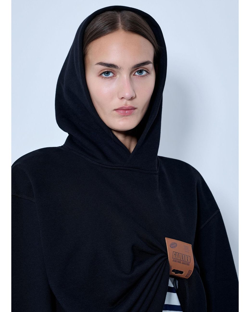 Jean Paul Gaultier Blue Cotton Fleece Hoodie With Leather Tag Detail