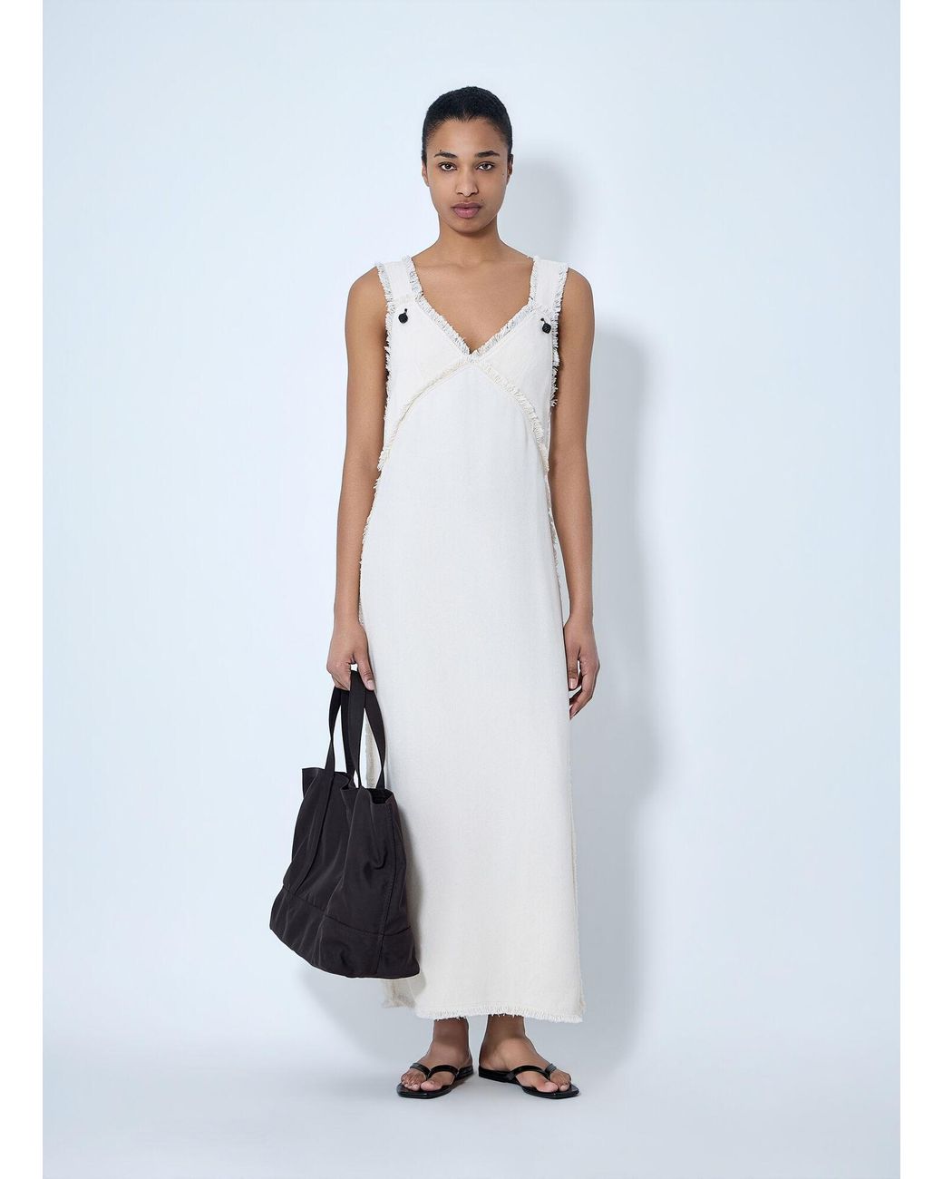 Totême  White Bouclé Maxi Dress With Frayed Edges