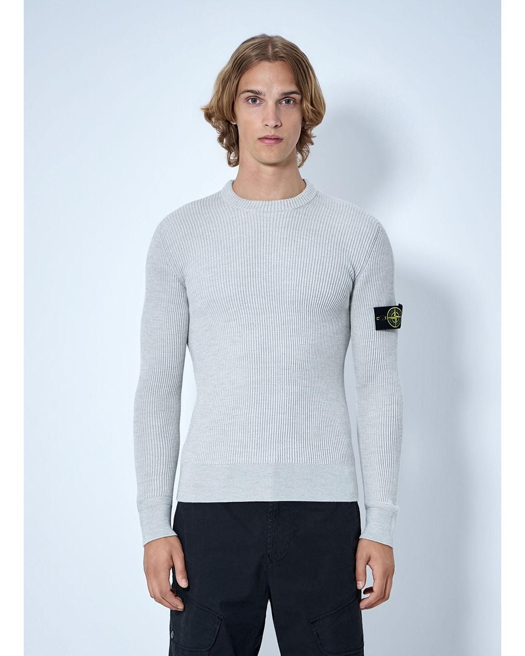 Stone Island White Ribbed Crewneck Sweater for men
