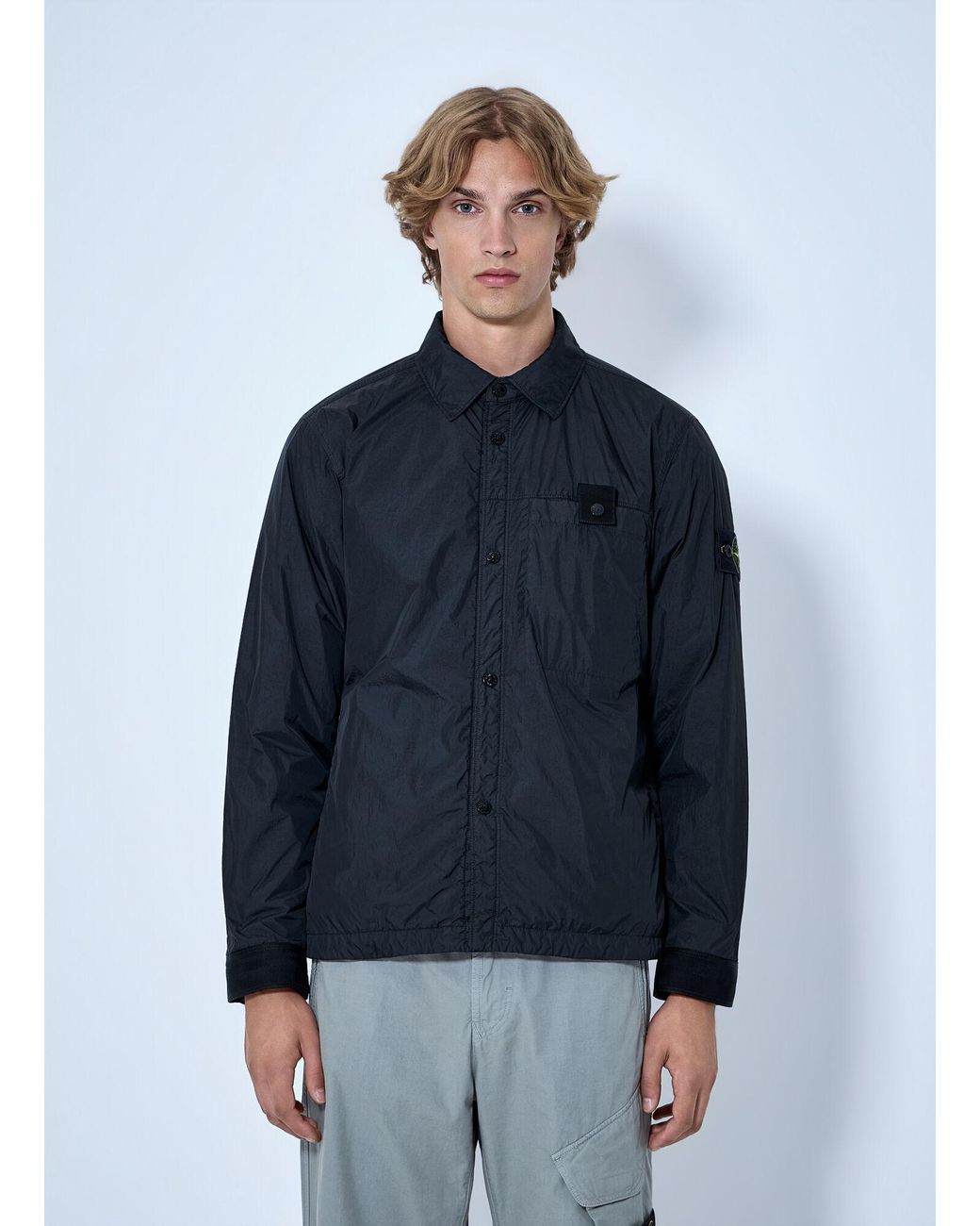 Stone Island Blue Button-Up Nylon Jacket for men