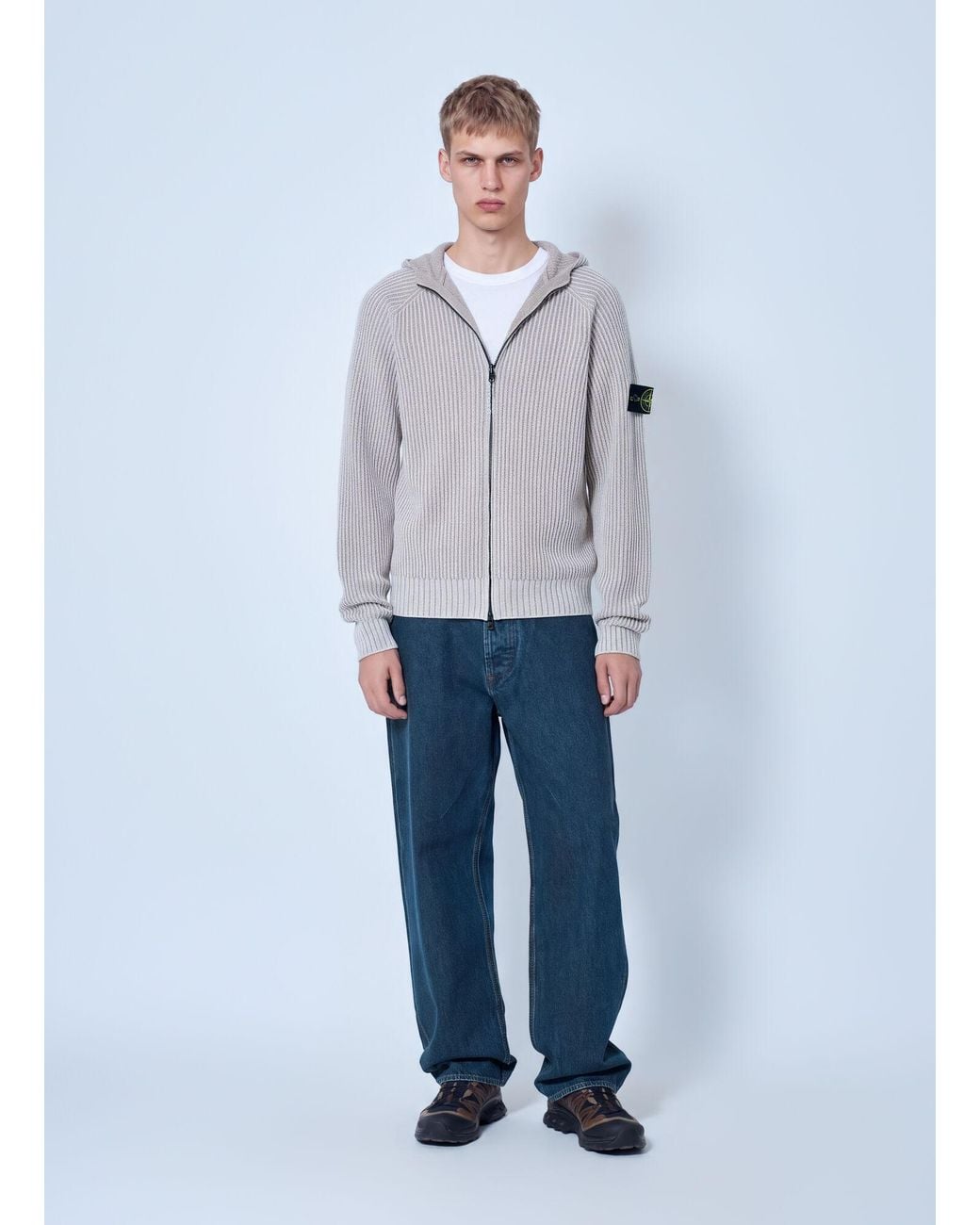 Stone Island Gray Ribbed Knit Hoodie for men