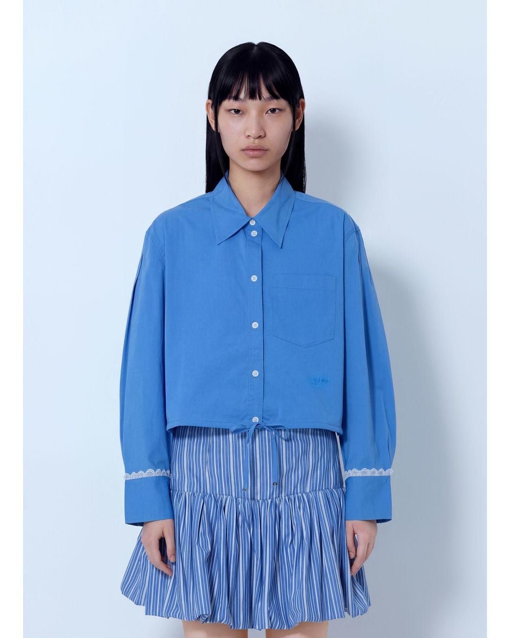 Ganni Blue Stretch Cotton Cropped Bowling Shirt