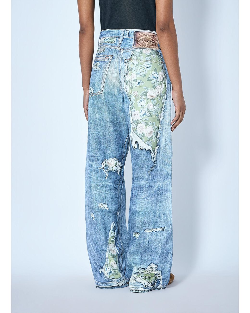Acne Blue Distressed Floral Patchwork Jeans