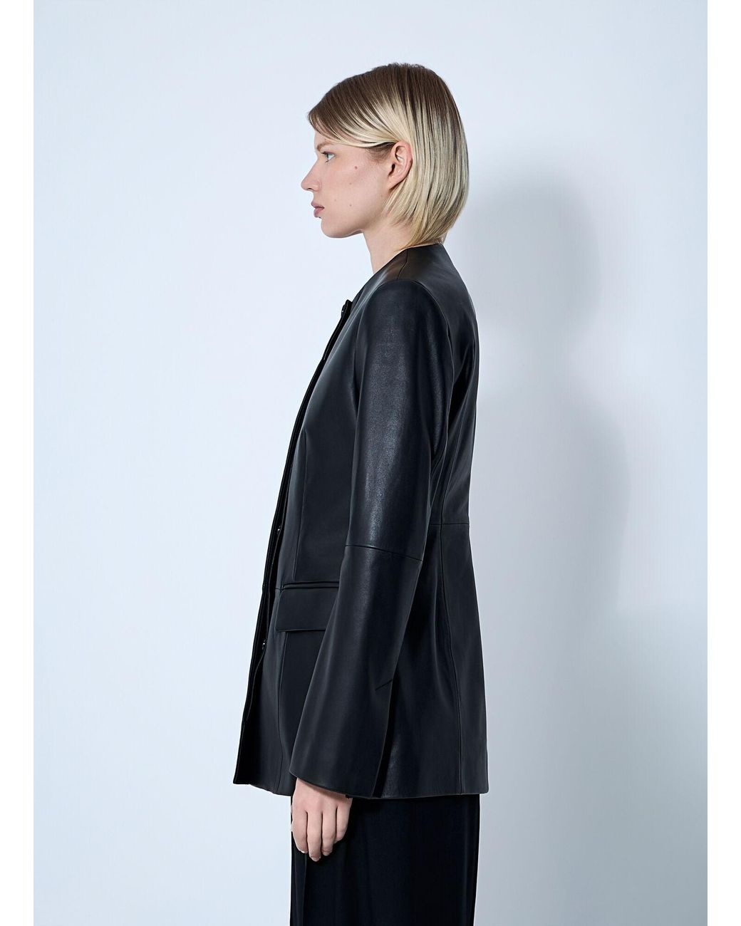 Totême Blue Collarless Leather Jacket