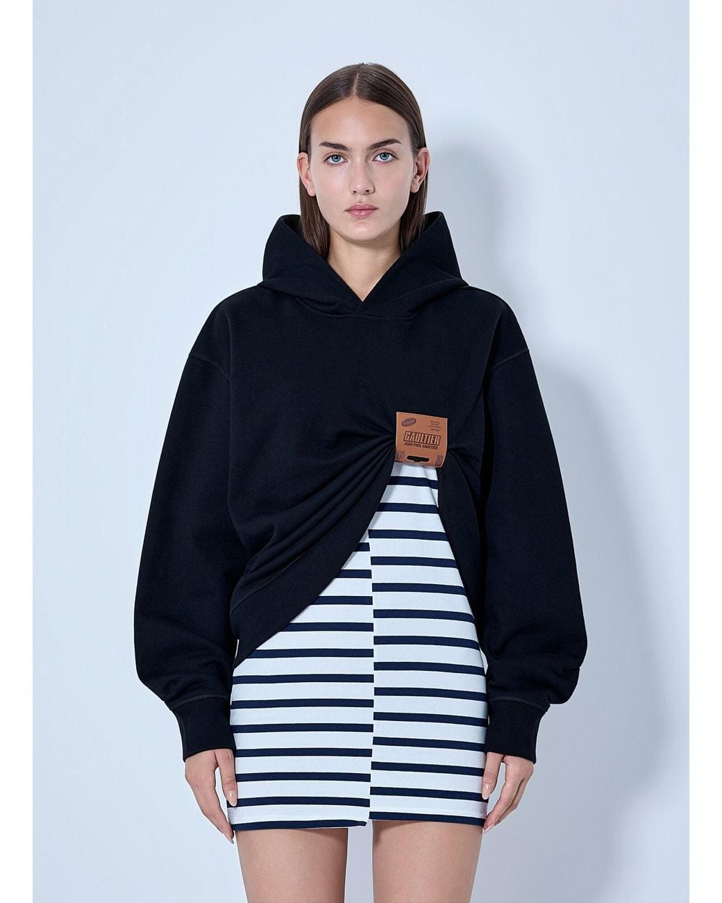 Jean Paul Gaultier Blue Cotton Fleece Hoodie With Leather Tag Detail