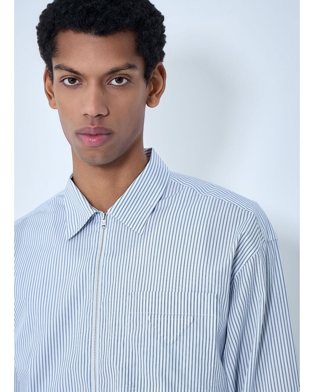 Prada Blue Zip-Front Stripe Shirt for men