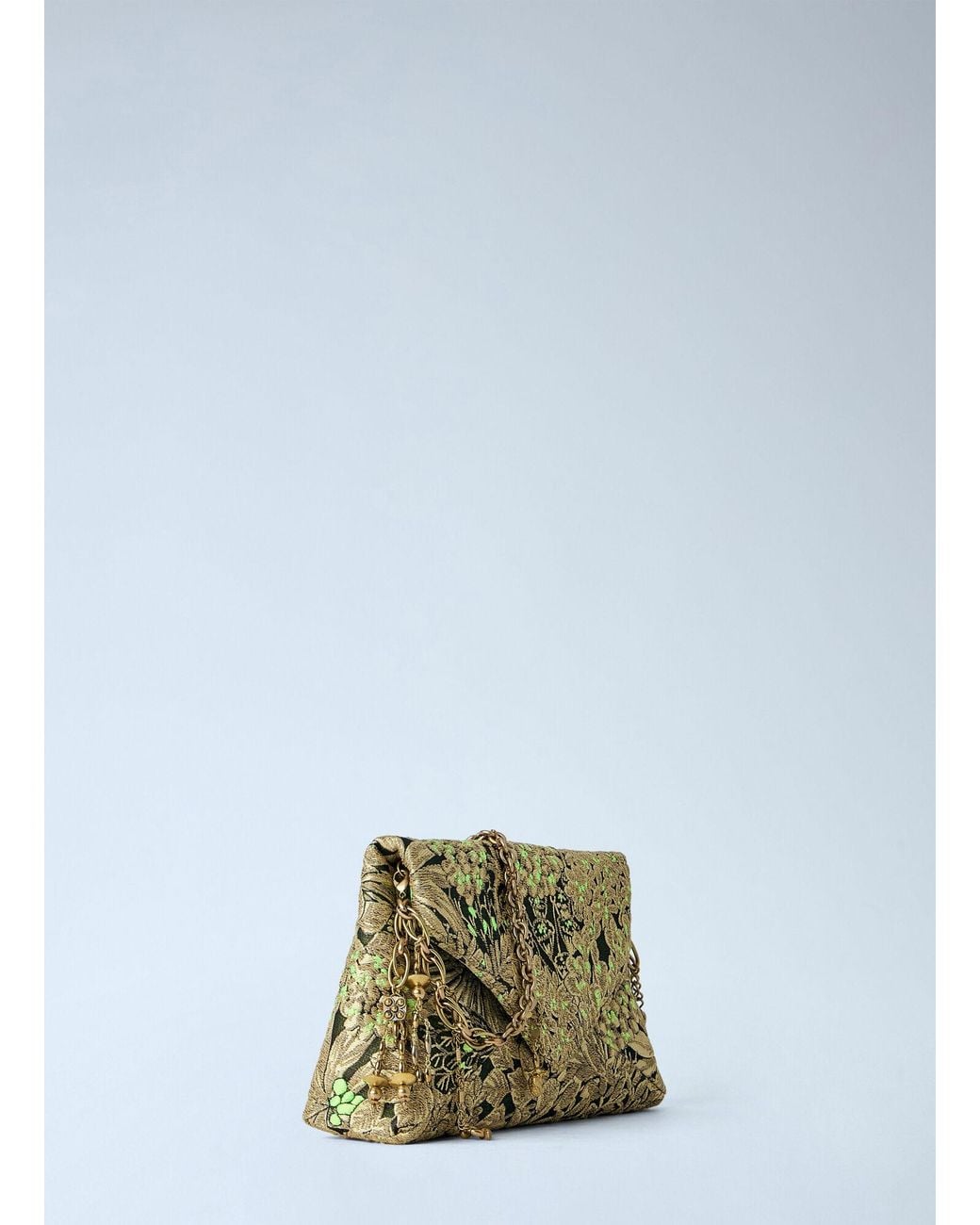 Dries Van Noten Green Floral Embroidered Clutch With Chain Strap