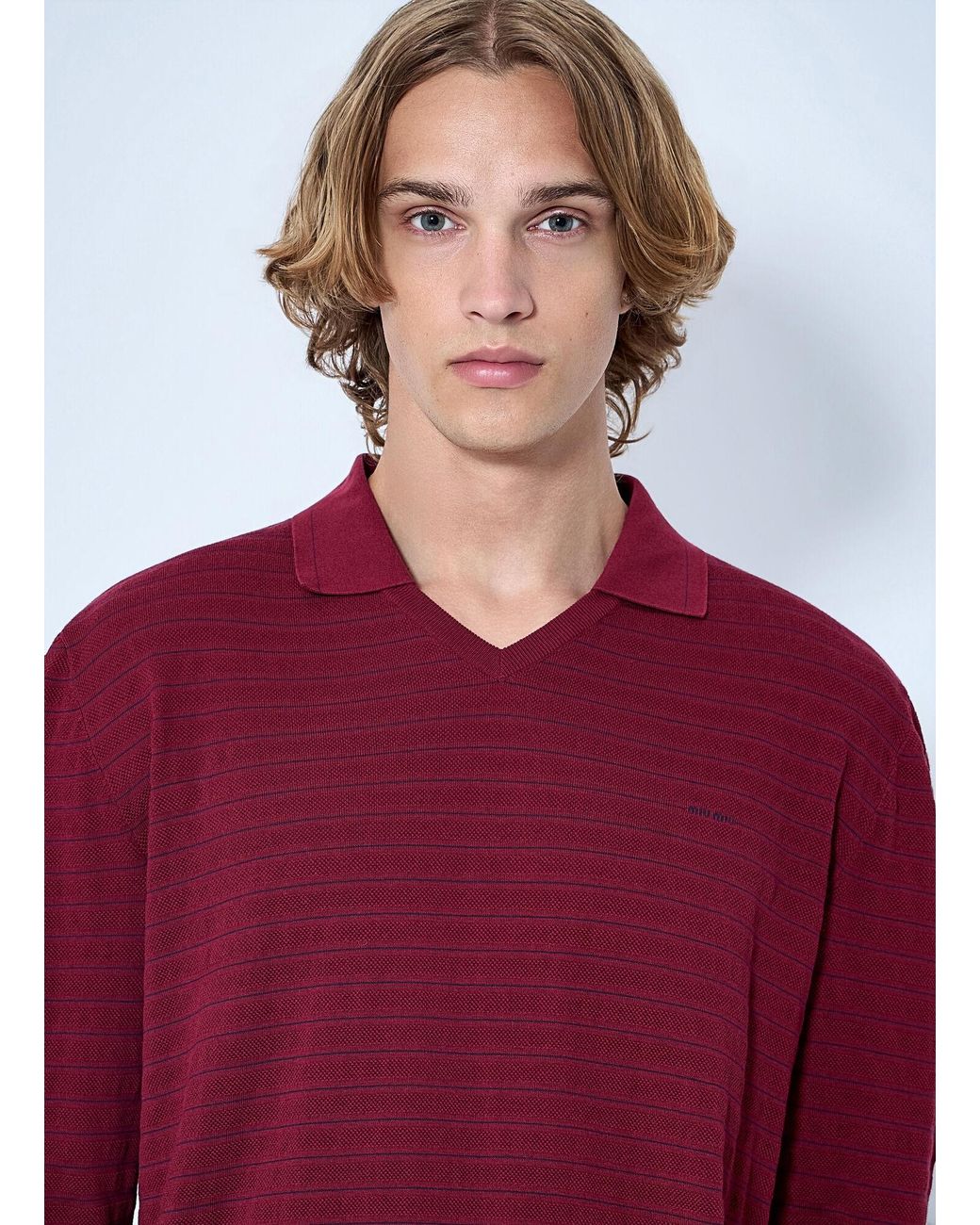 Miu Miu Red Striped V-Neck Polo Shirt for men