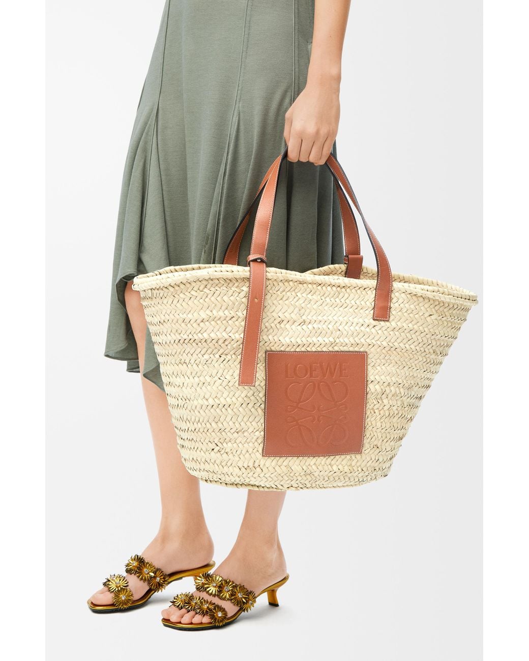Loewe Multicolor Large Basket Bag In Raffia And Calfskin