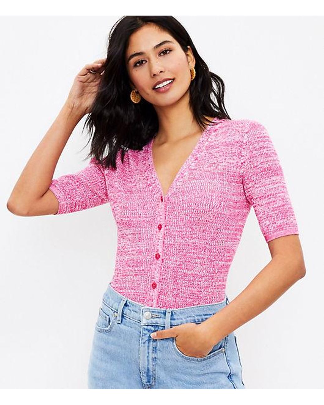 LOFT Petite Marled Short Sleeve V-neck 