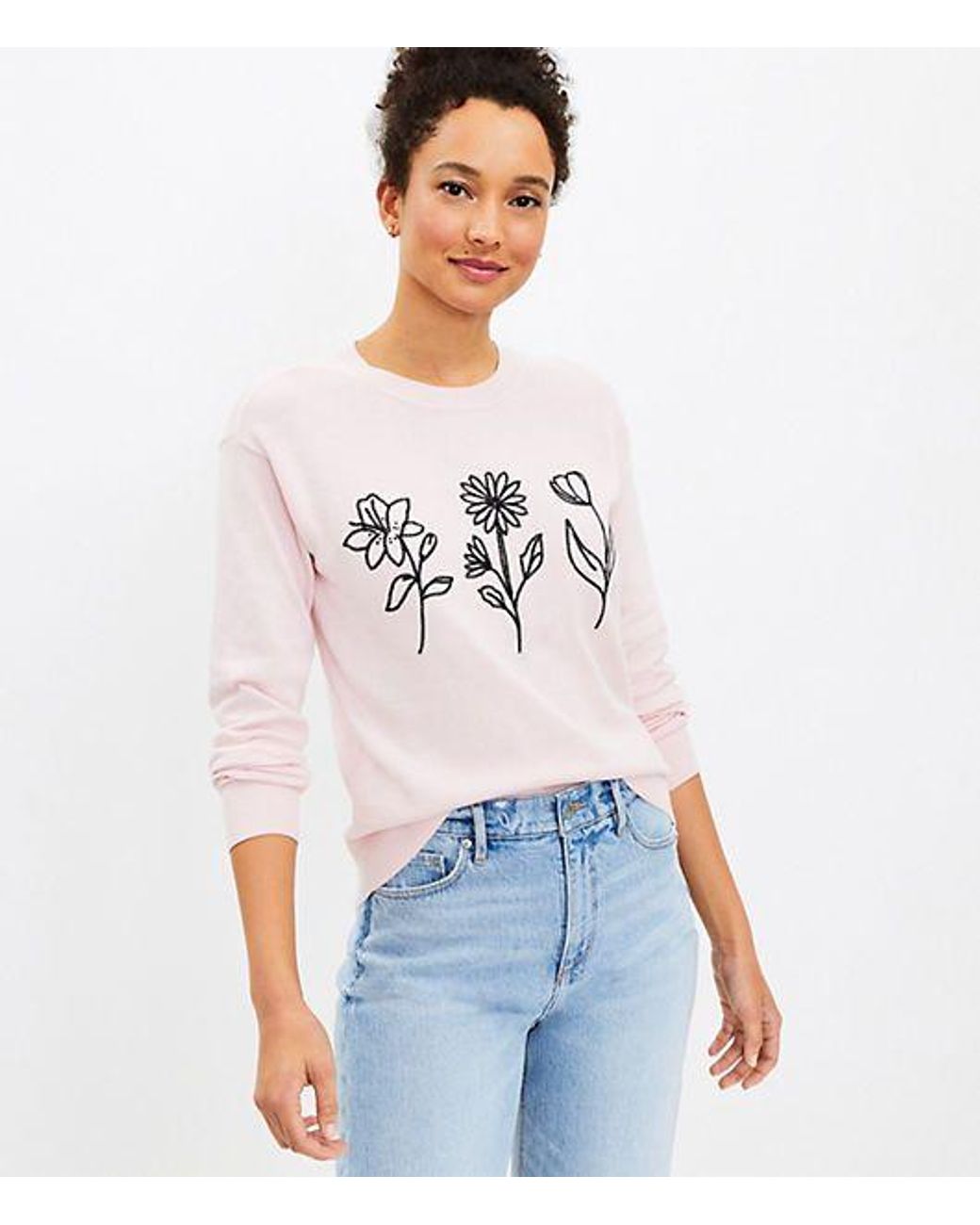 LOFT Petite Floral Sweater in White | Lyst