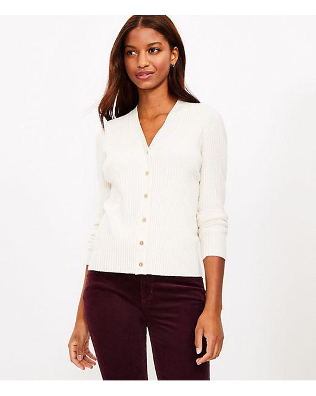 LOFT Ribbed V-neck Cardigan in Pale 