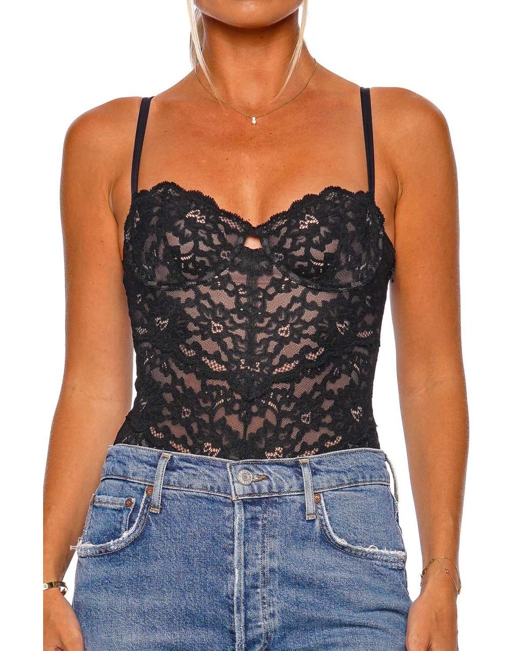 Fleur du Mal Charlotte Lace Balconette Bodysuit in Black