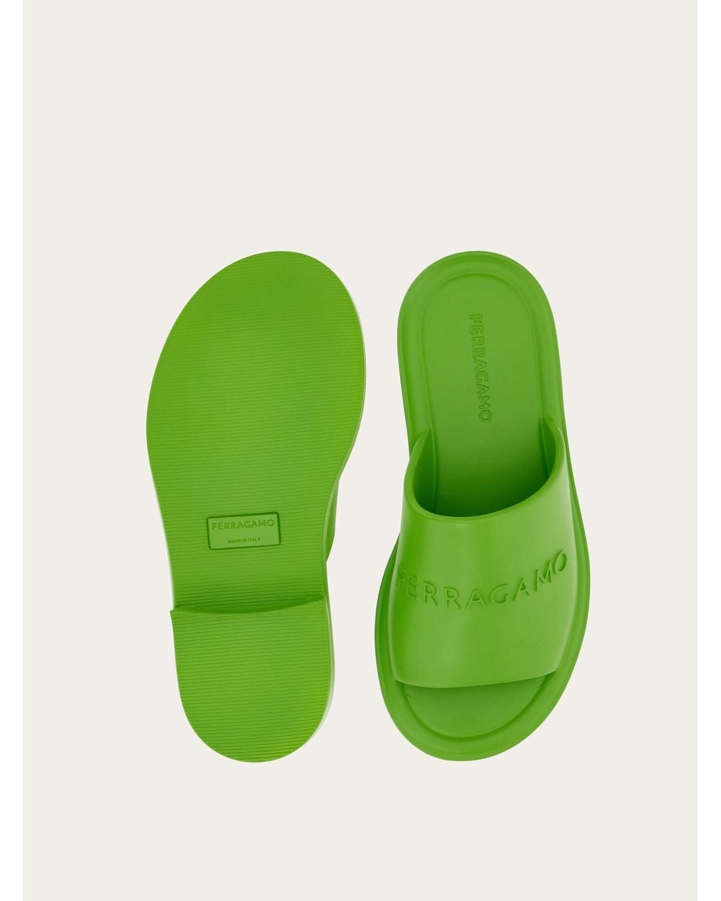 Ferragamo Green Giuneva Slides, Light Rubber