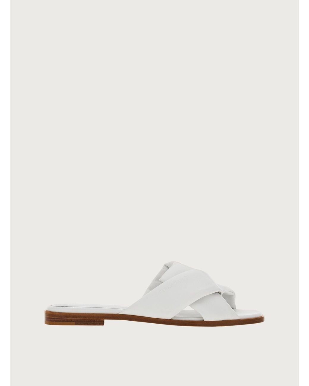 Ferragamo White Knott Strap Slides, Leather