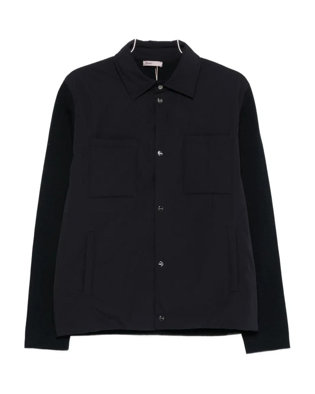 Herno Black Buttoned Jacket With Knitted Sleeves