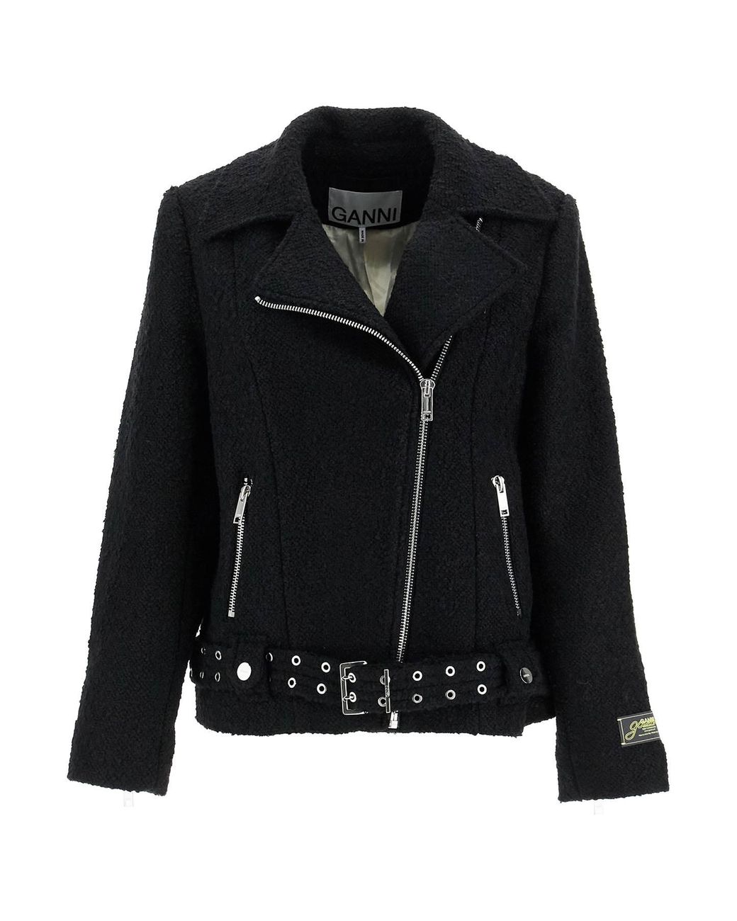 Ganni Black Boucle Wool Biker Jacket