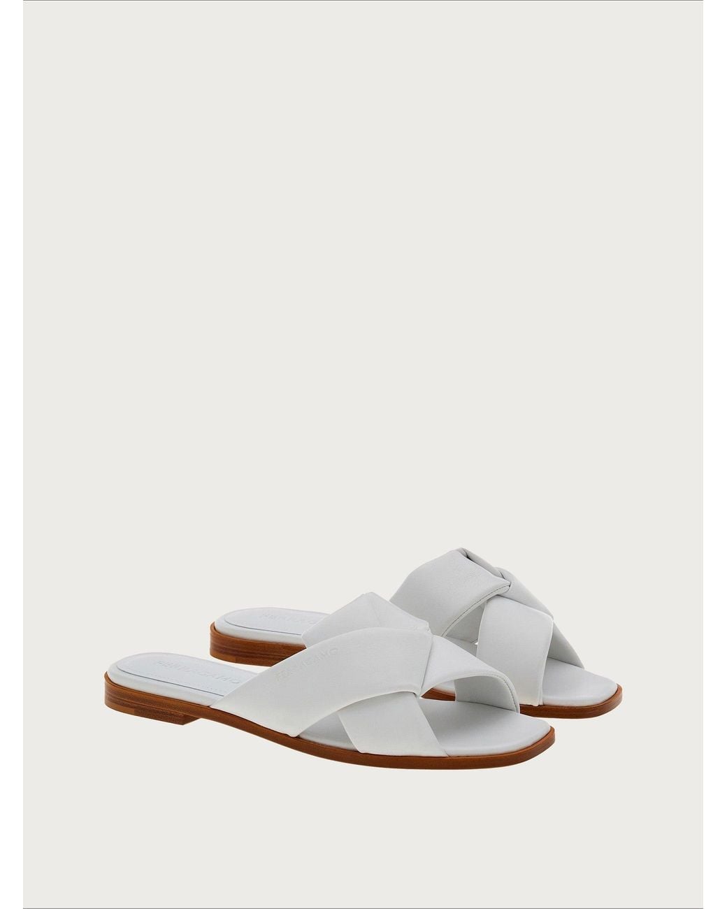 Ferragamo White Knott Strap Slides, Leather