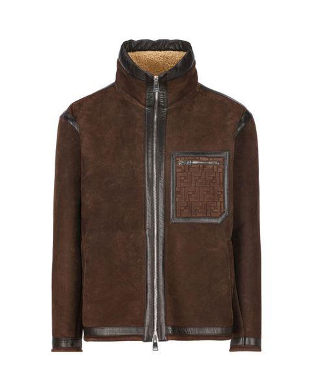 Fendi Brown High Neck Zip Up Oversized Jacket for men