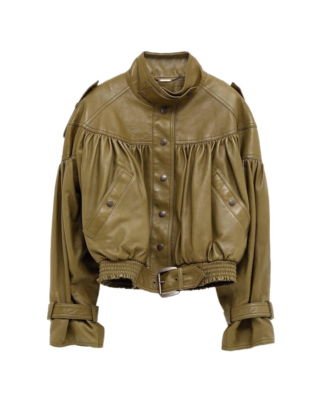 Chloé Green Belted Gathered Leather Jacket