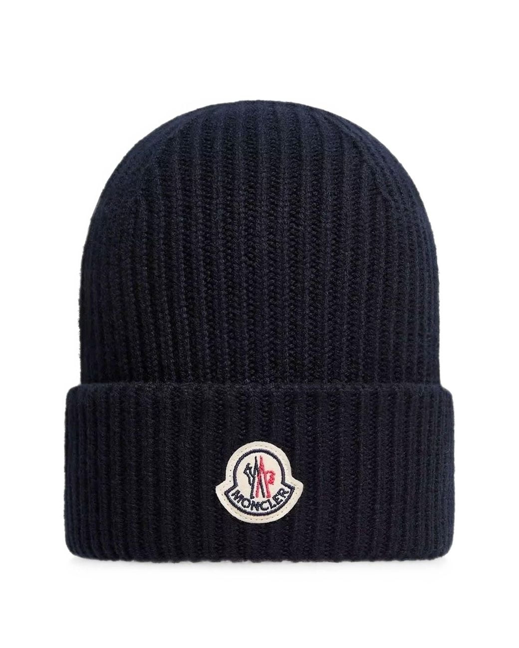 Moncler Blue Logo-Patch Ribbed-Knit Beanie Hat for men