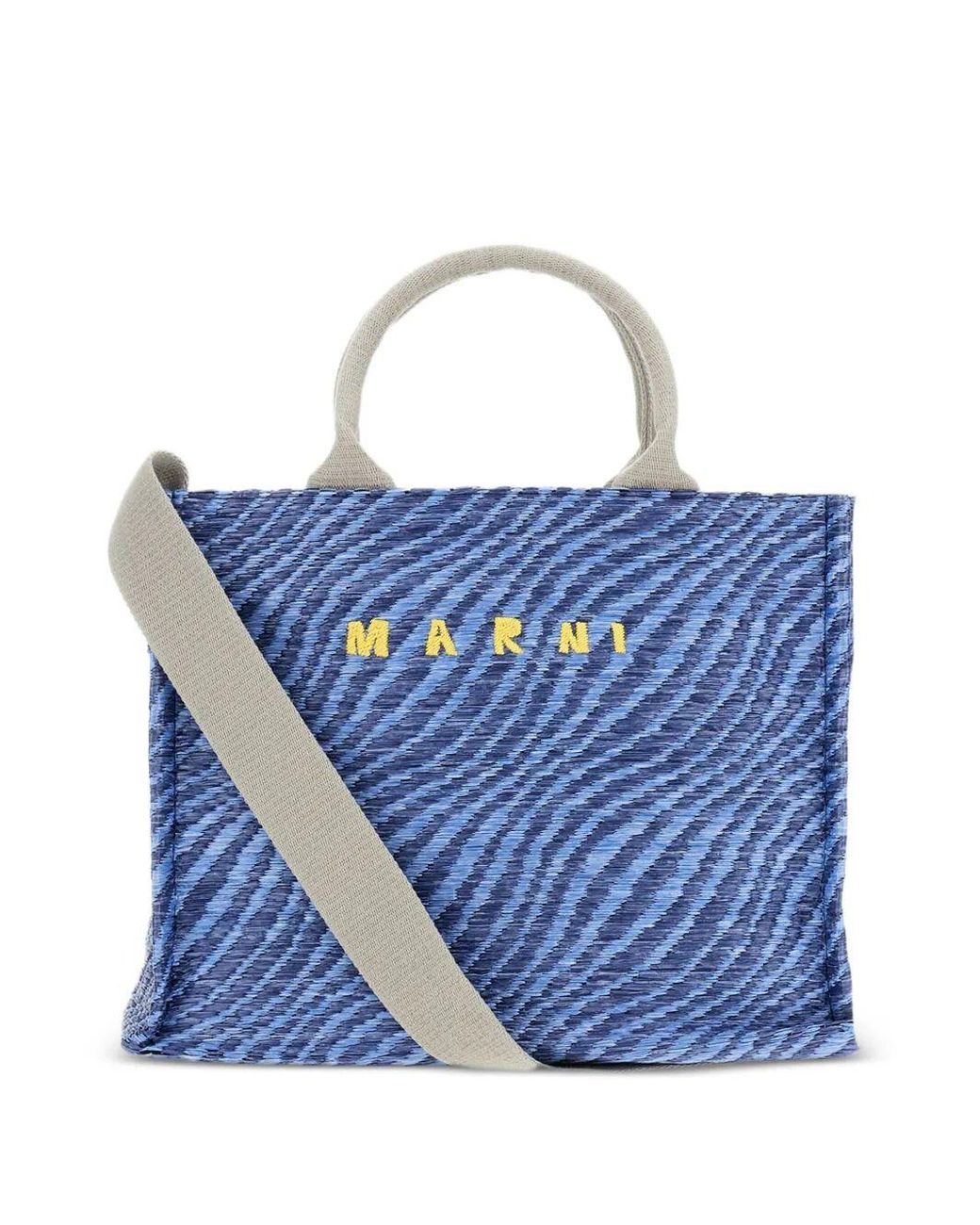 Marni Blue Wavy Raffia-Effect Small Tote Bag