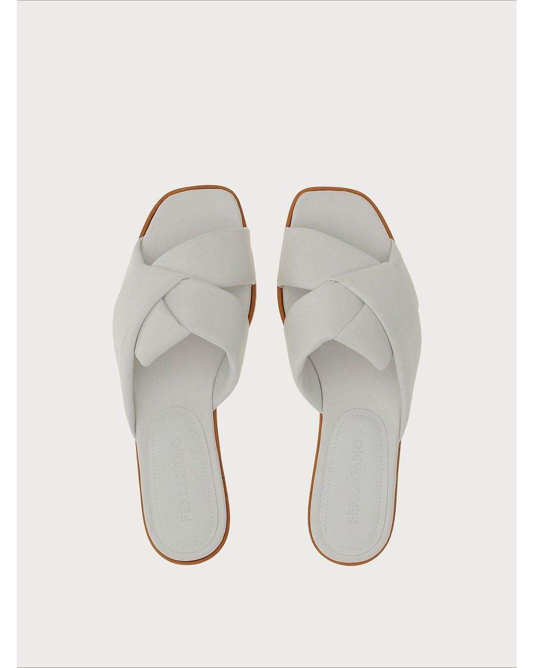 Ferragamo White Knott Strap Slides, Leather