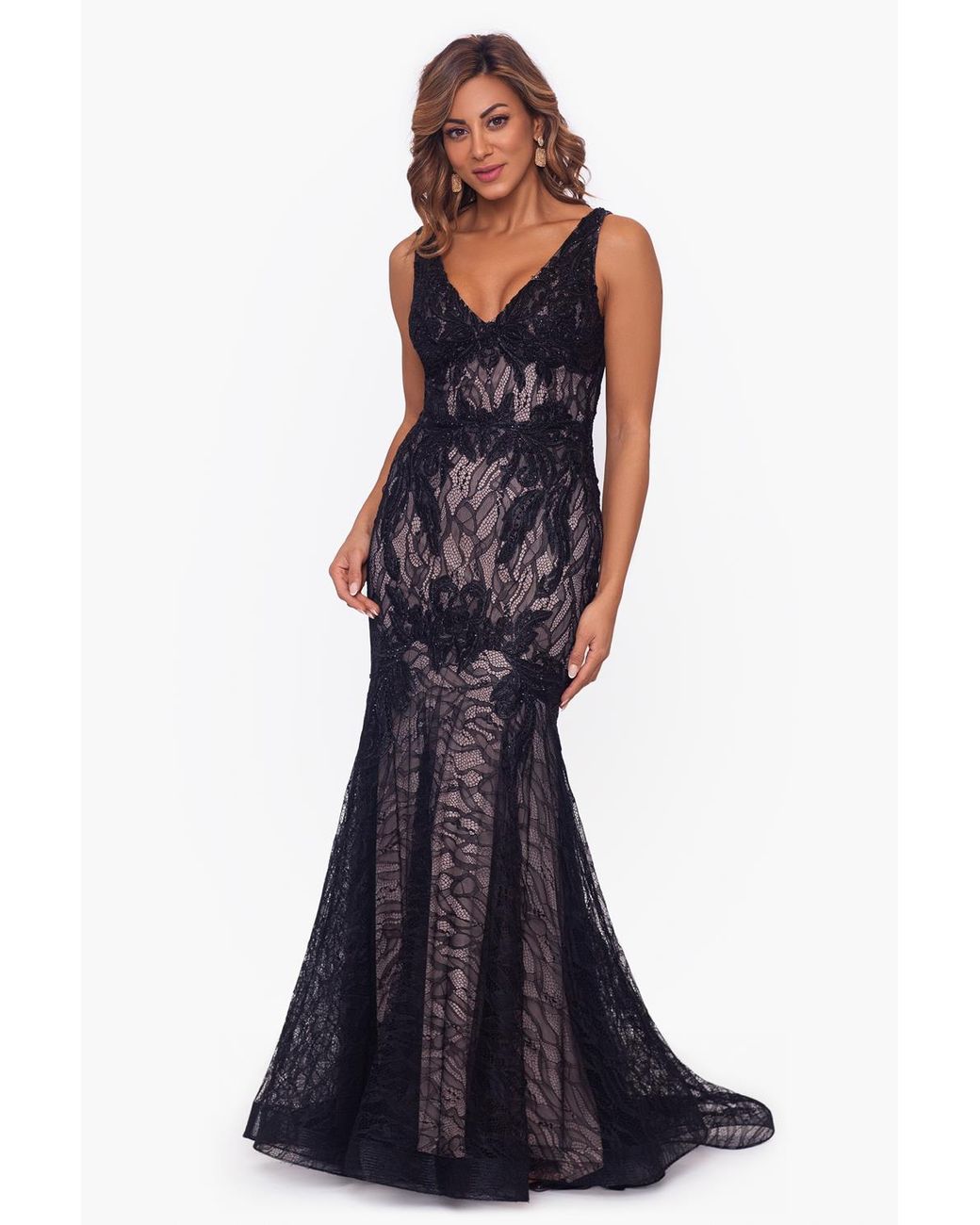 Betsy Adam Long V neck Lace Applique Mermaid Dress in Blue Lyst