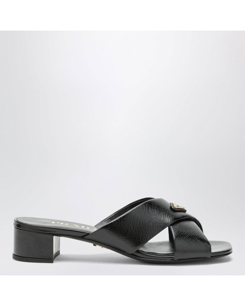 Prada Black Leather Mules With Triangular Logo