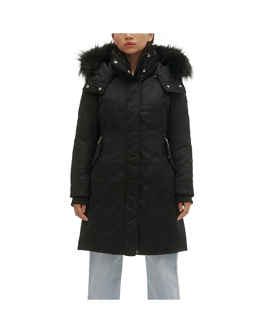 Noize Long Parka W/faux Plush Lined Collar, Removable Hood in Black | Lyst