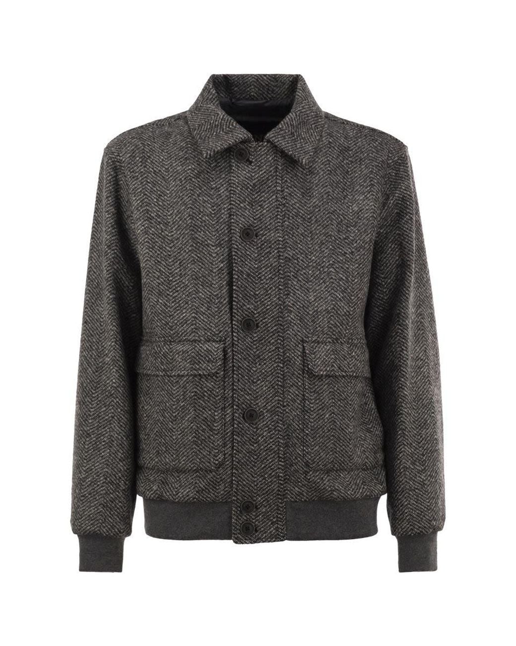 Herno Gray Virgin Wool Herringbone Bomber Jacket for men