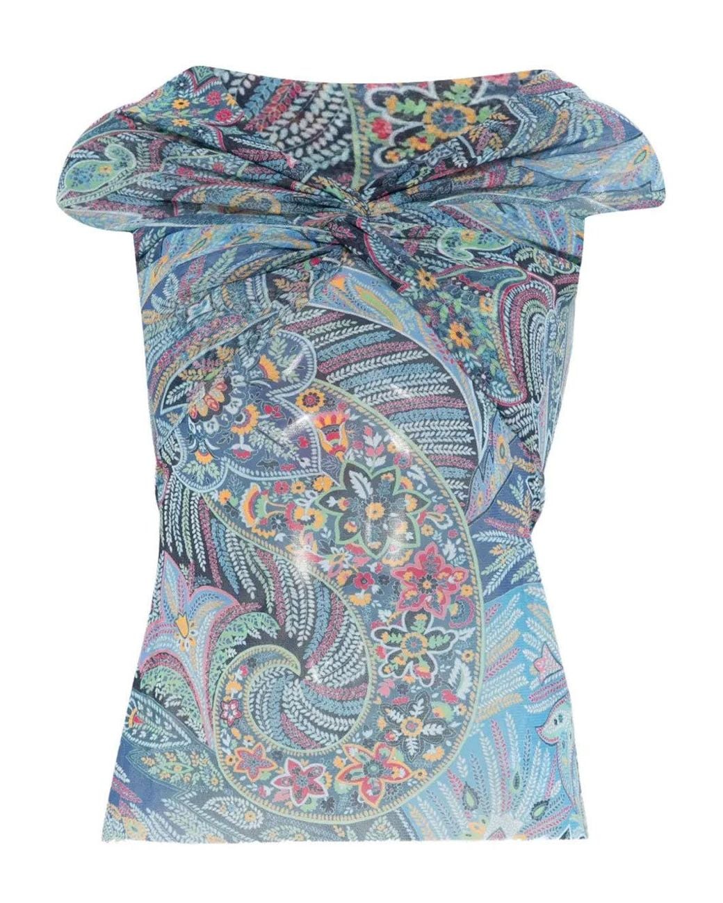 Etro Blue Semi-Sheer Straight Neck Patterned Top