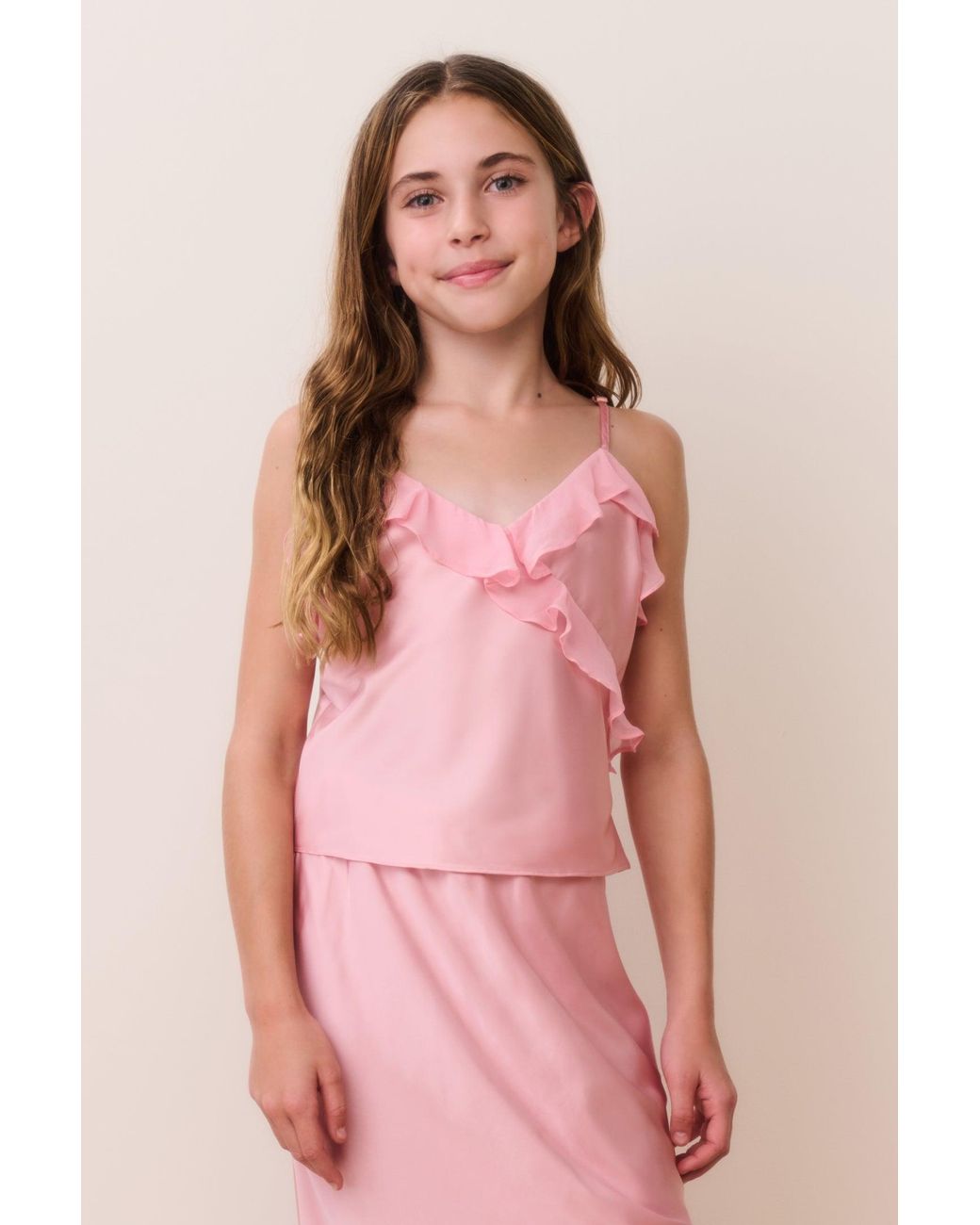 LoveShackFancy Pink Tween Kalea Charmeuse Ruffle Top For