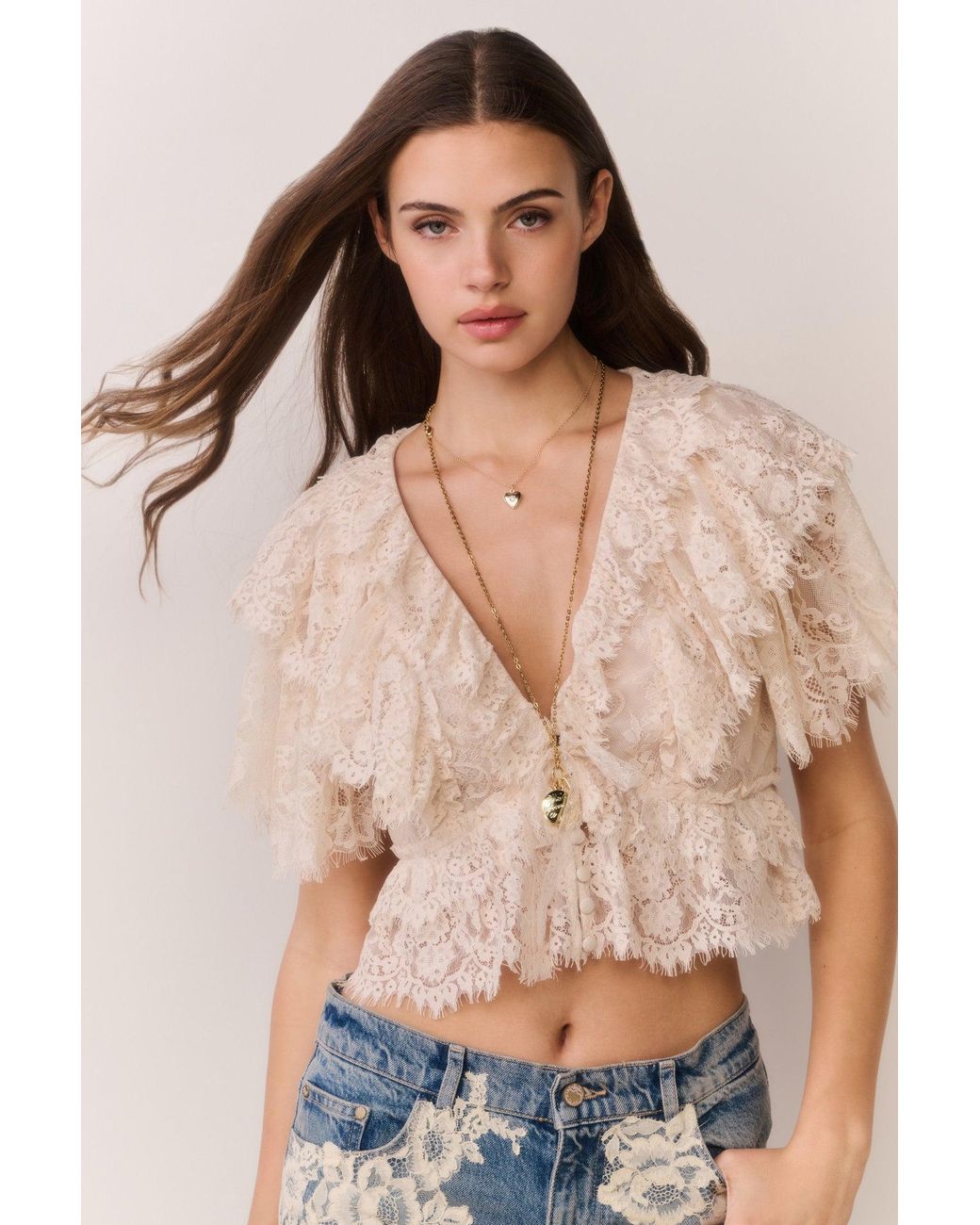 LoveShackFancy Natural Caper Lace Ruffle Crop Top For