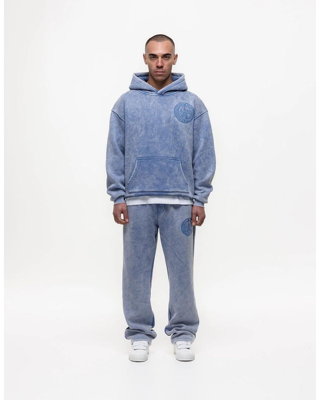 Magrit Blue Embroidered Acid Wash Hoodie & Jogger Tracksuit for men