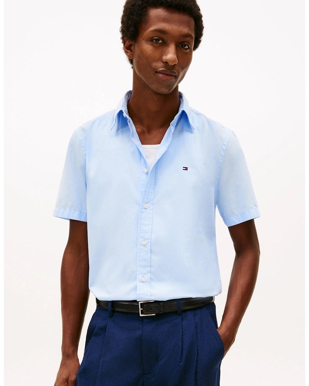 Tommy Hilfiger White Core Flex Poplin Solid Short Sleeve Shirt for men