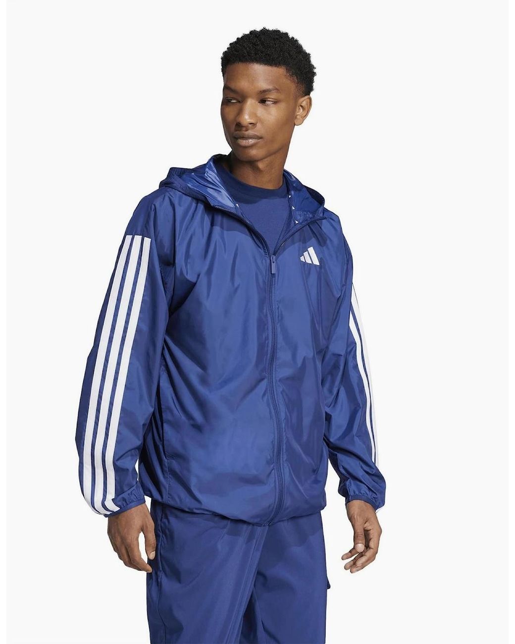Adidas Blue Hooded Neck Windbreaker With Side Stripes And Bold Logo for men