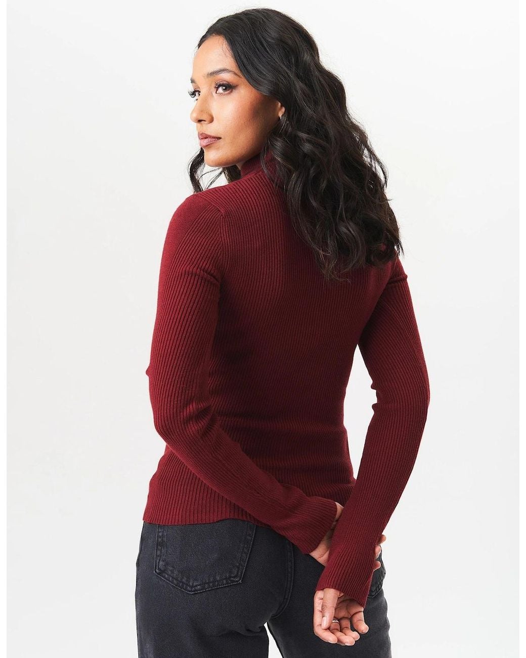 Gini London Red Burgundy High Neck Cut Out Detail Jumper