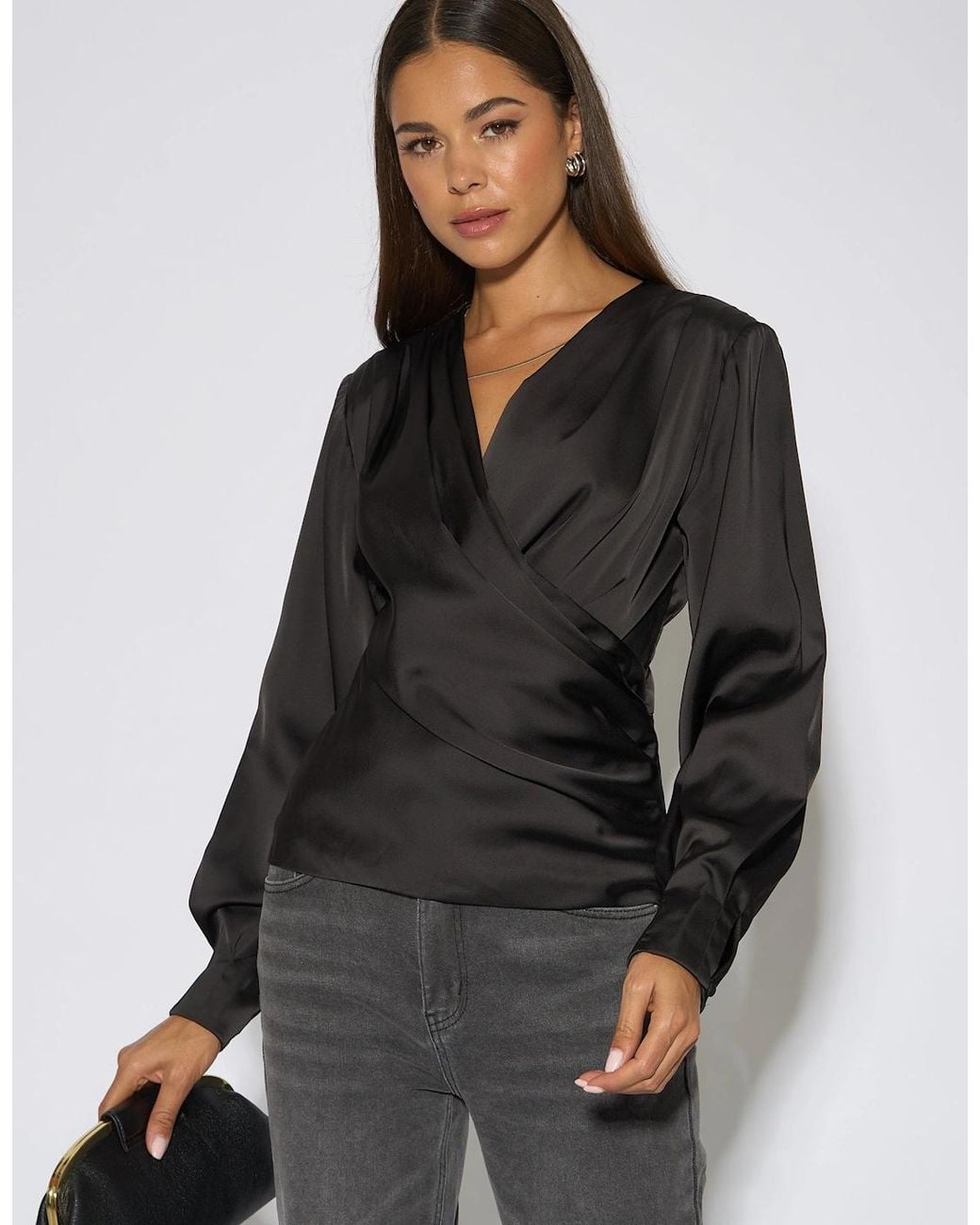 Gini London Black Satin Pleat Shoulder Wrap Top