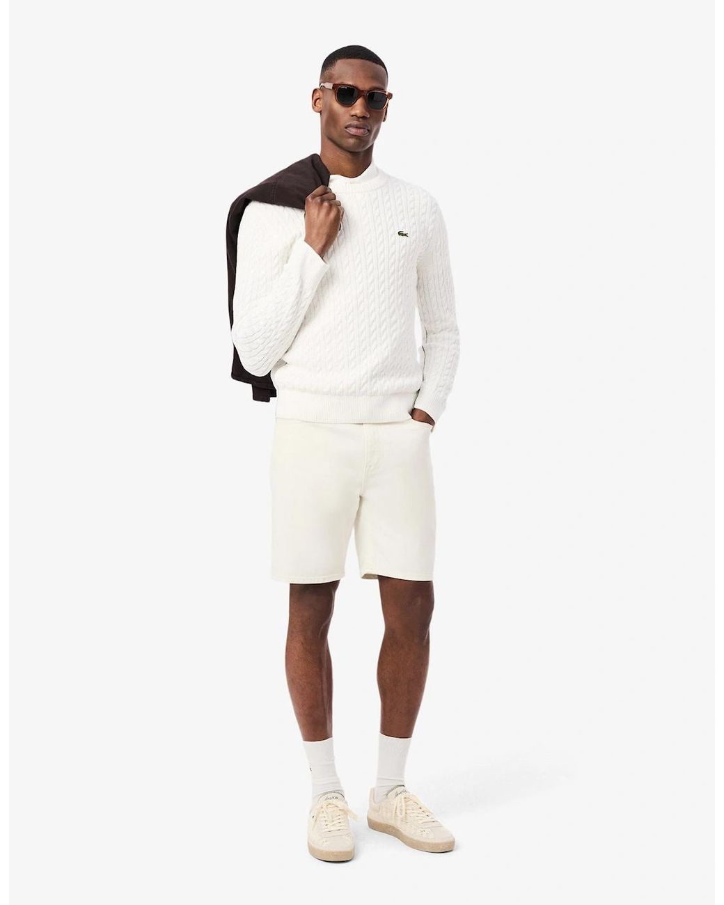 Lacoste White Cable Knit Cotton Jumper for men
